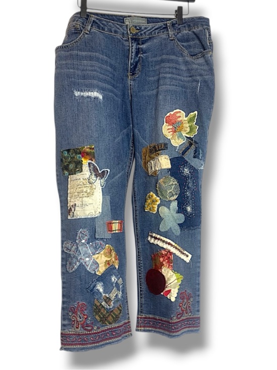 Upcycled Denim - Upcycled Patchwork Cottage Core Cropped Jeans Sz 16W